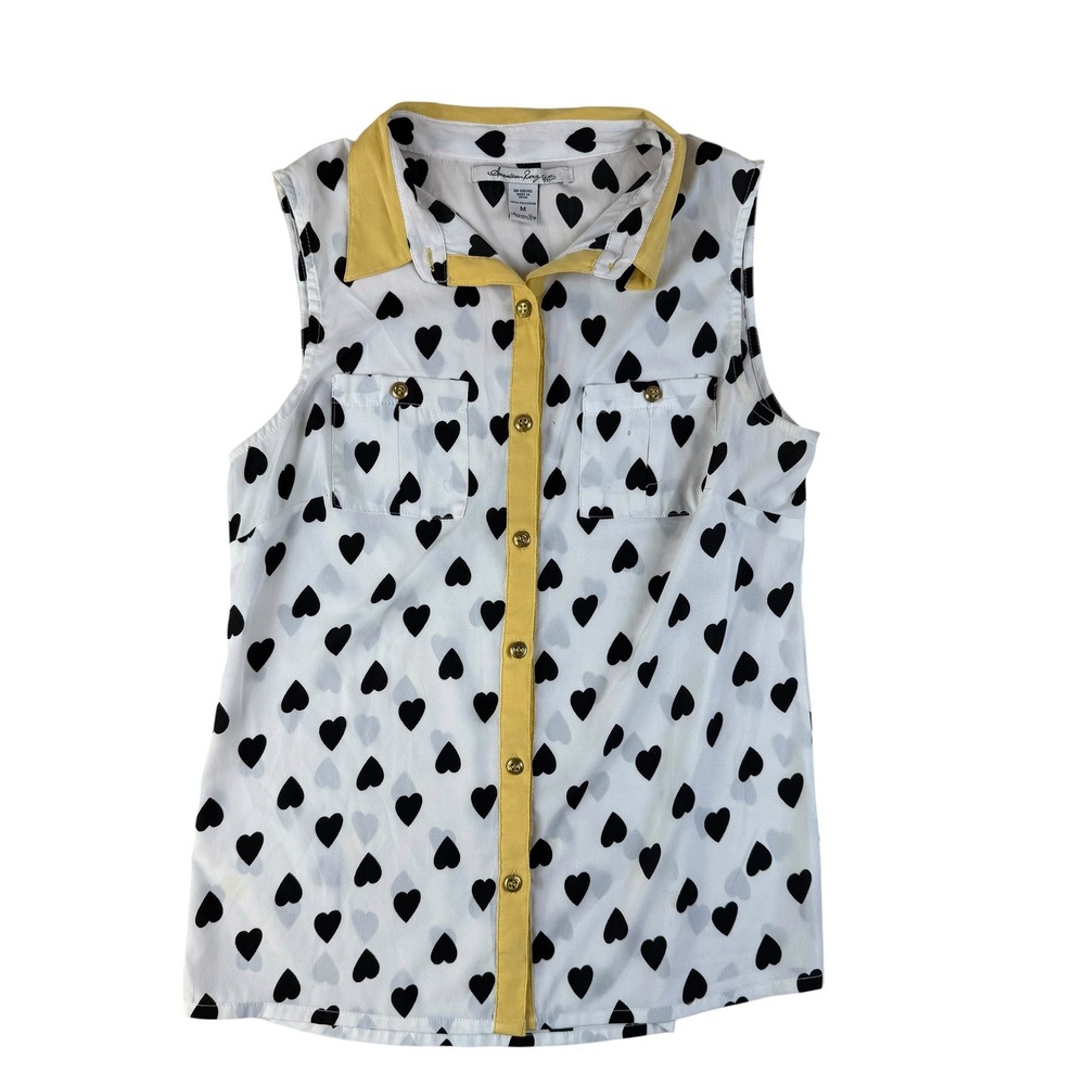 Whimsical Heart Print Sleeveless Blouse Contrast Collar Medium American Rag